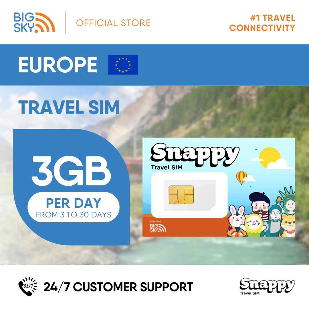 EUROPE Snappy Travel SIM - 1GB to 3GB PER DAY